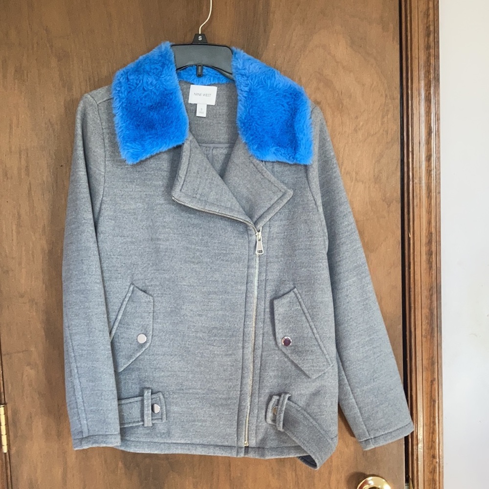 Nine West coat faux fur collar blue collar gray coat moto like style size S - Picture 13 of 17